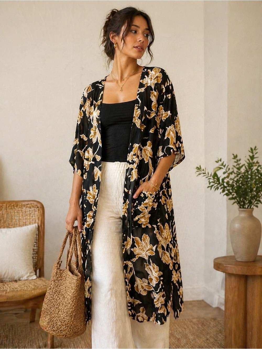 Maison du Soir Black Floral Kimono Duster with Mustard Blooms